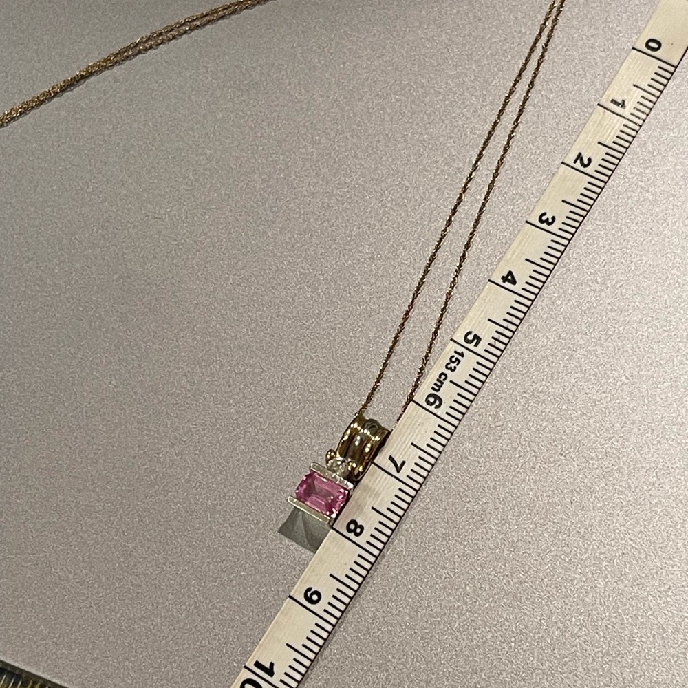 Pink sapphire, two tone, 14 karat gold modernist, diamond pendant - Picture 12 of 15
